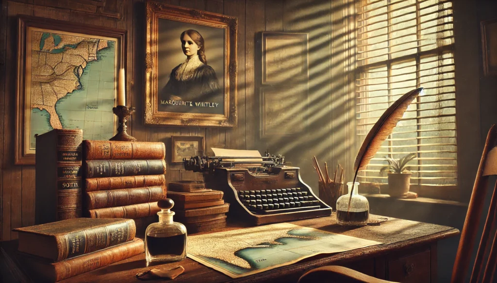 DALL·E 2025 02 19 22.44.51 A vintage Southern study room with a wooden desk filled with old books a glass ink bottle and a quill pen symbolizing the unraveling of the past.